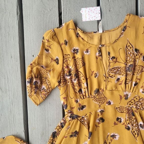 NWT Free‎ People Mustard Yellow Bonnie Butterfly Keyhole Boho Midi Dress 2 - Picture 7 of 11